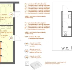 Rzut architektoniczny toalet z podziałem na damskie i męskie, z zaznaczonymi wymiarami kabin toaletowych i pomieszczeń.