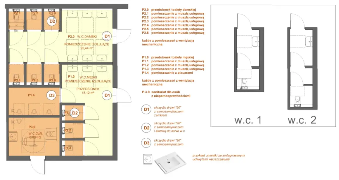 Rzut architektoniczny toalet z podziałem na damskie i męskie, z zaznaczonymi wymiarami kabin toaletowych i pomieszczeń.