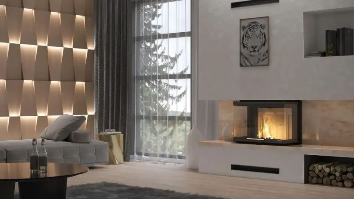 Nowoczesny salon z kominkiem, gdzie uszczelniacz do kominków zapewnia bezpieczeństwo i estetykę. Wygodna sofa, designerska ściana i widok na las.