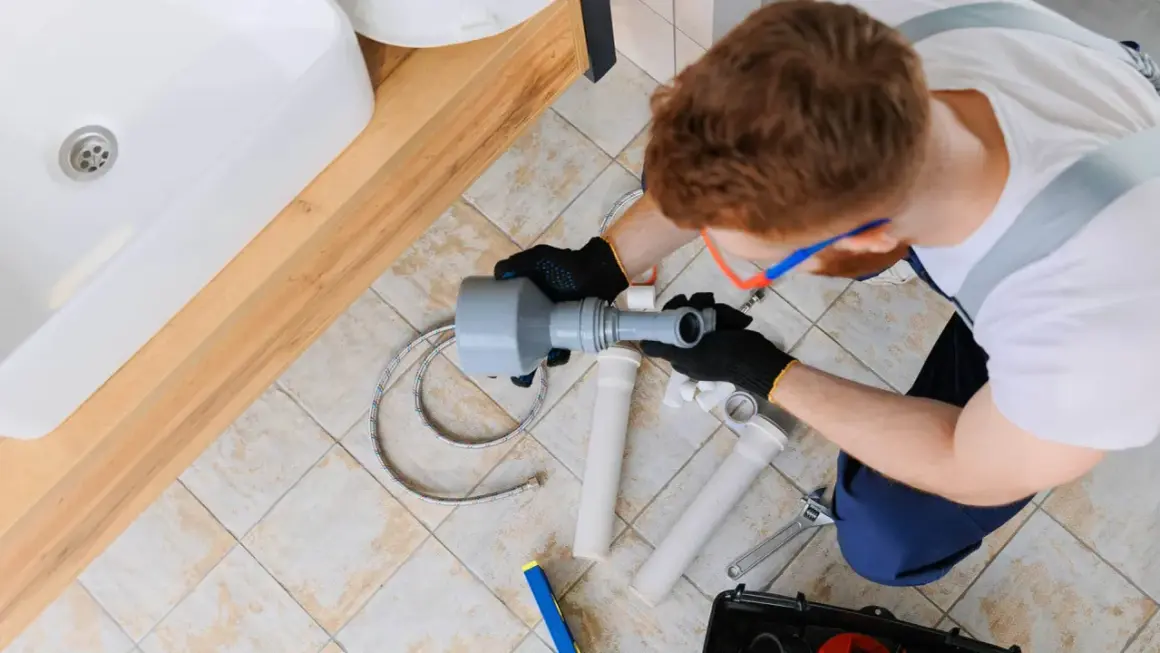 Kiedy hydraulik na budowie montuje syfon pod umywalką, używając narzędzi i nowych rur.