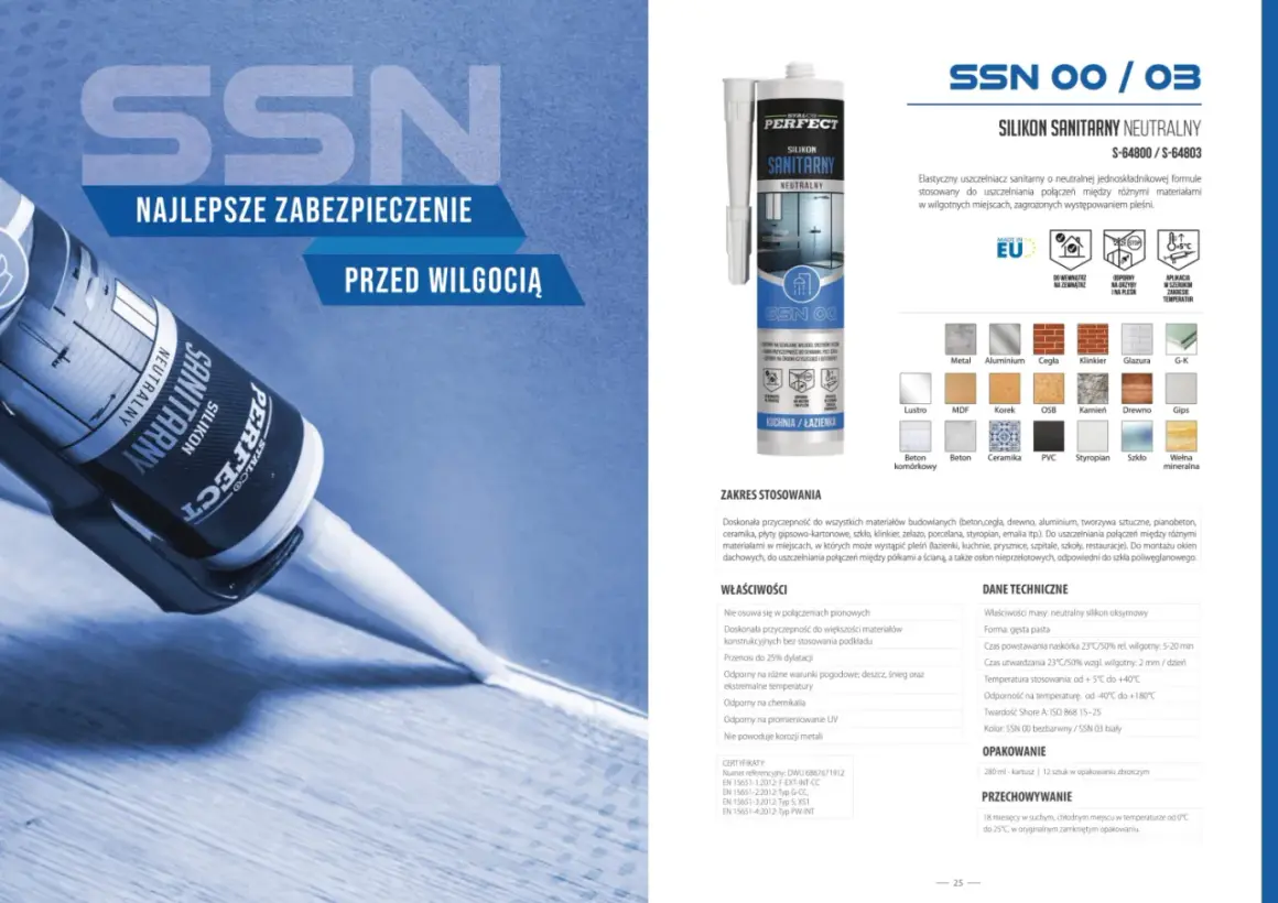 Silikon sanitarny Perfect SSN 00/03 to najlepsze zabezpieczenie przed wilgocią. Idealny do łazienek i kuchni.
