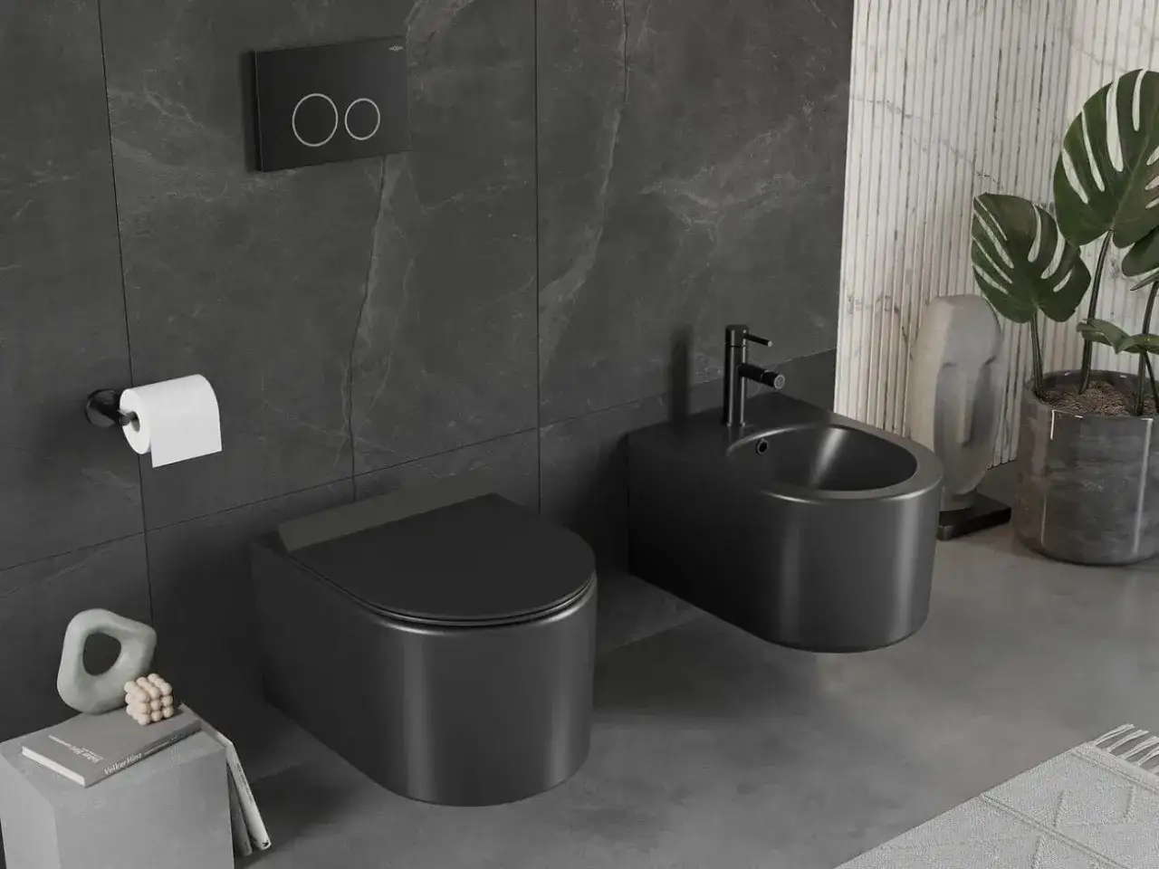 Nowoczesna łazienka z czarnym kompaktem WC i bidetem. Eleganckie, minimalistyczne wnętrze z kamiennymi płytkami i roślinami.