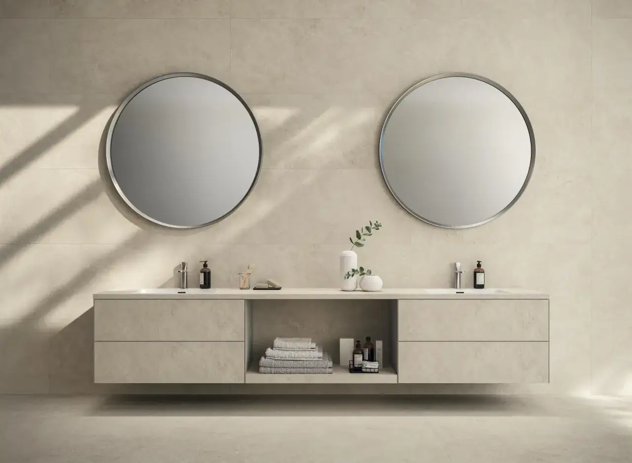 Nowoczesna łazienka z dwoma okrągłymi lustrami i wiszącą szafką. Ściany i podłoga wyłożone są jasnymi płytkami, które nadają wnętrzu elegancji.