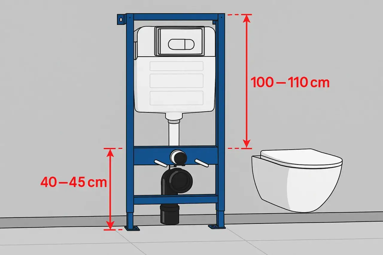 Instrukcja montażu: stelaż do WC podwieszanego. Wysokość montażu miski WC: 40-45 cm. Całkowita wysokość stelaża: 100-110 cm.