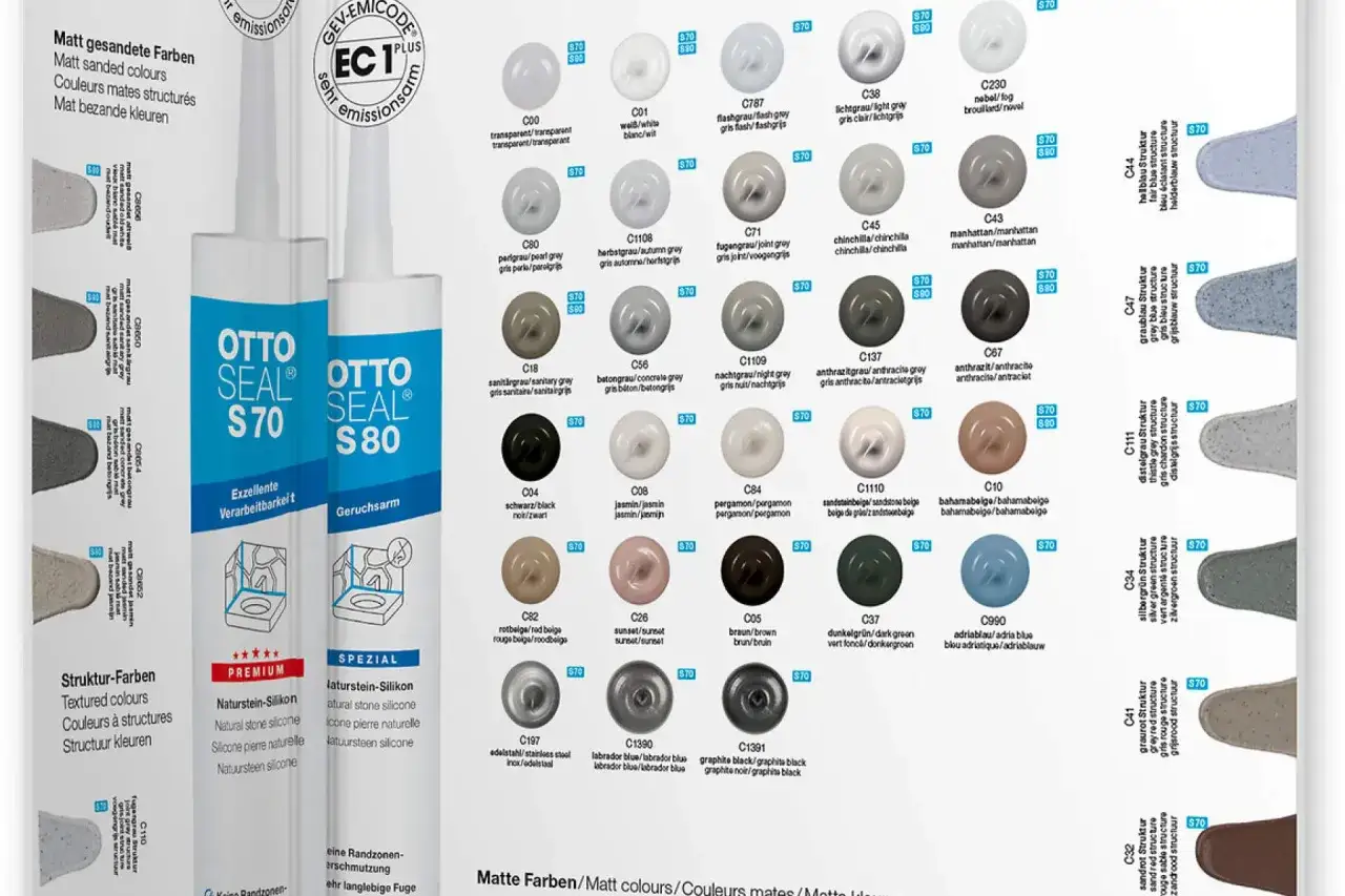 OTTO SEAL S70 i S80 to silikon do kamienia naturalnego w wielu matowych kolorach. Próbki pokazują odcienie szarości, beżu, brązu i zieleni.