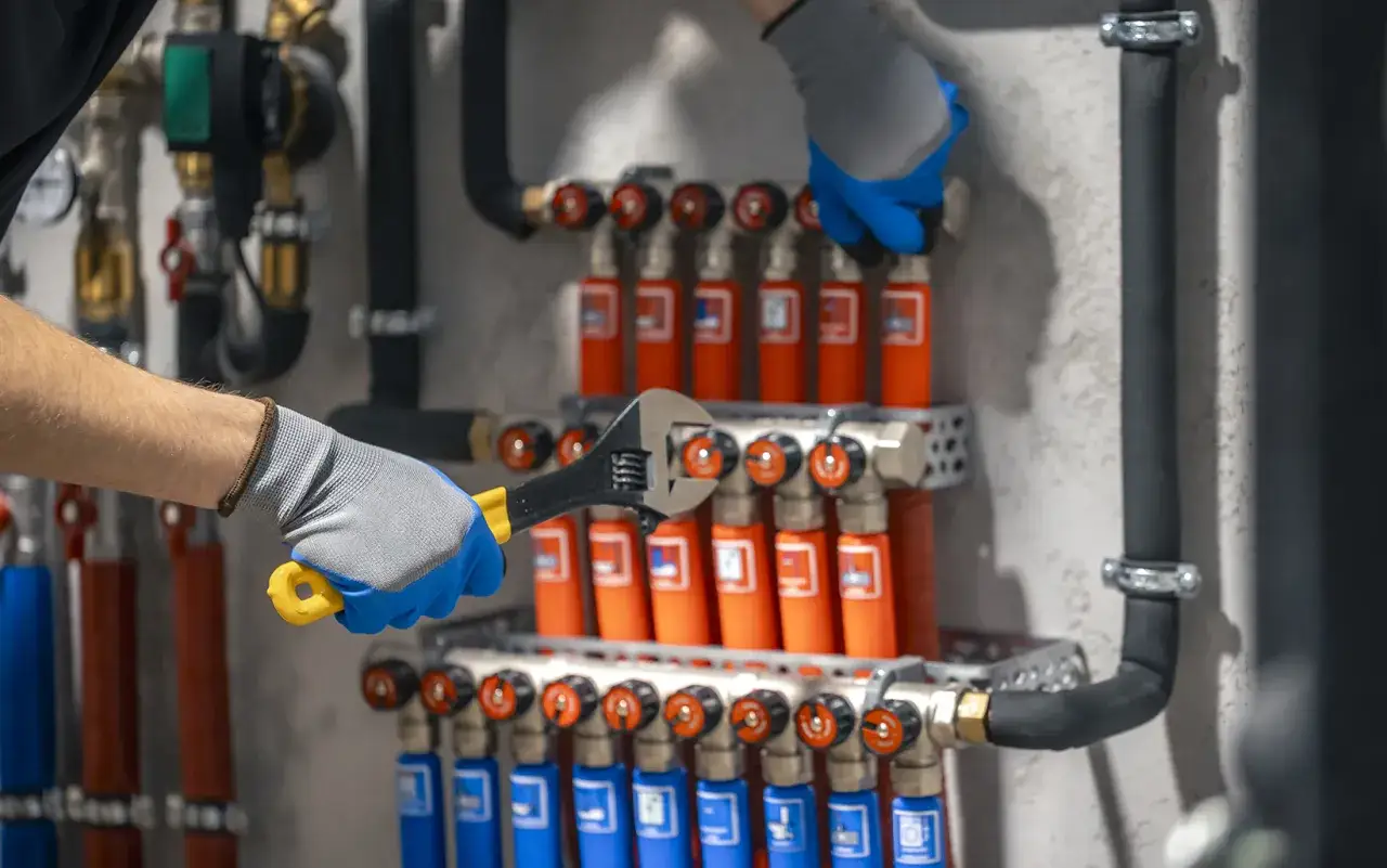 Hydraulik reguluje zawory na kolektorze. Zastanawiasz się, ile kosztuje godzina pracy hydraulika?